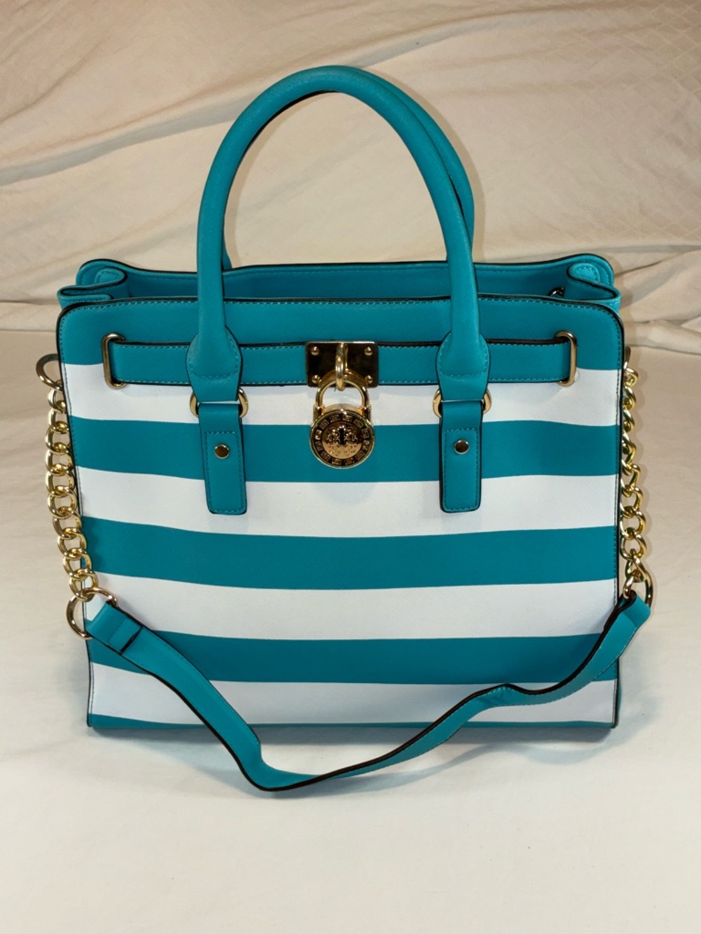Turquoise and White Striped Tote Bag with Gold Hardware
